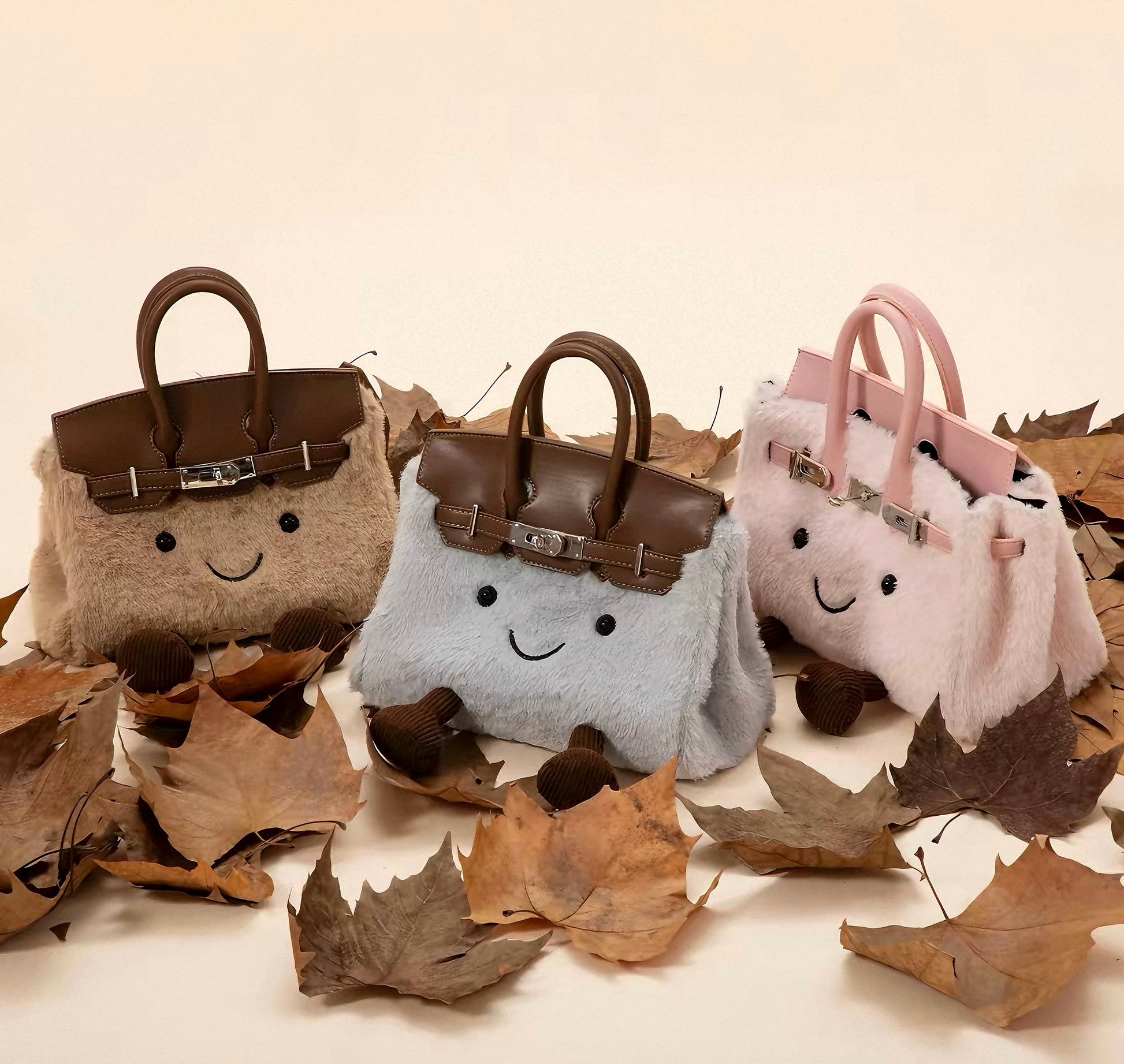 Pomo Pals Fluffy Companion Bag — Cloud, Blush, and Latte together